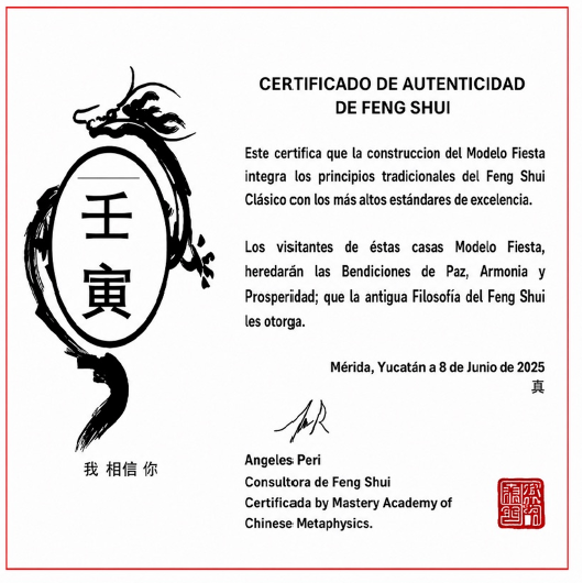 Certificado de Feng Shui Clásico — Modelo Fiesta, Mérida Yucatán