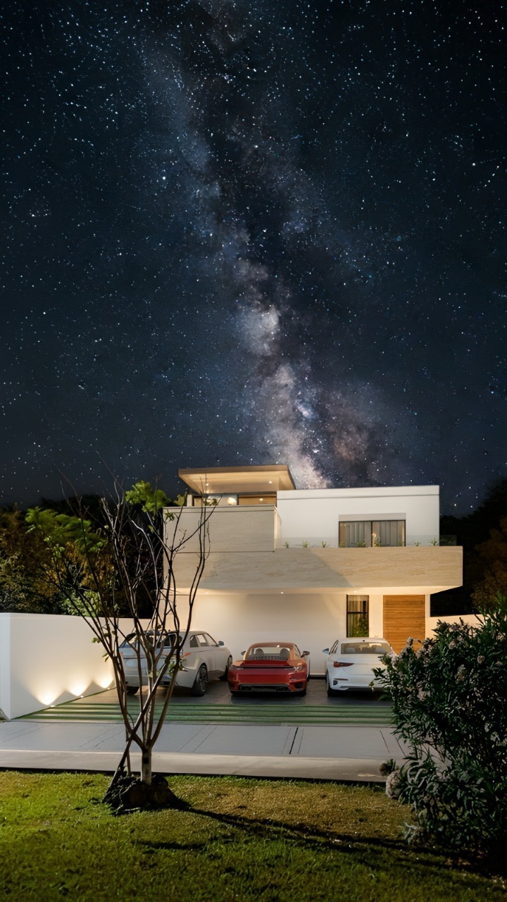 Fachada nocturna del Modelo 10×30 de Casas Fiesta bajo la vía láctea