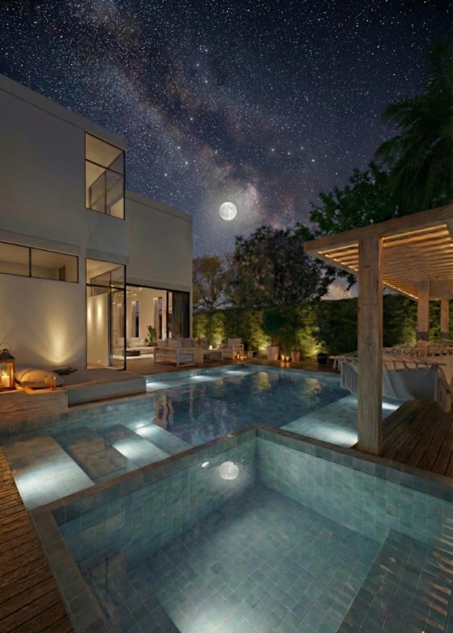 Alberca con solarium, pérgola y espejos de agua de noche