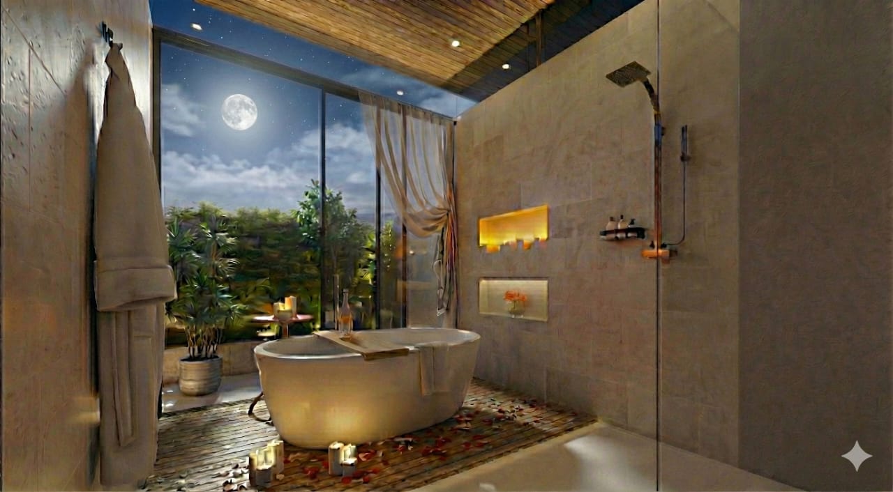 SPA en baño principal con jacuzzi y jardín interior